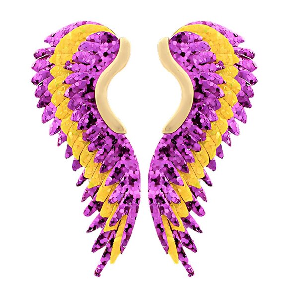 LSU Purple Yellow Gold Angel Wing Leather Glitter Effect Football Earrings NEW - Picture 2 of 2